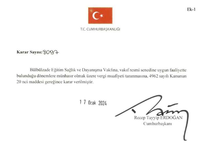 Bülbülzade Vakfı Kamu Yararı Kapsamında Vergi Muafiyeti Tanınan Vakıflar Statüsüne Girdi