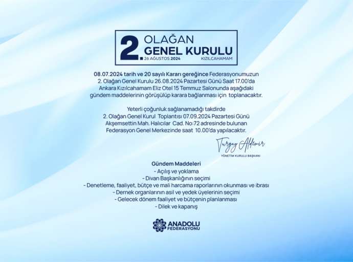 Anadolu Federasyonu 2.Olağan Genel Kurul Çağrısı